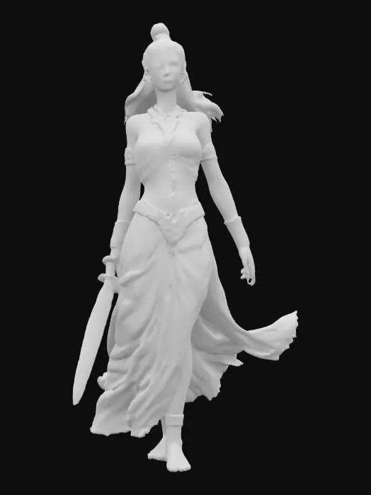 3D model for fantasy mythical female warrior Shiva, elegant graceful body, dressed in an elegant tunic, sword in hand, the figure radiates calm and peace, detailed beautiful face, groomed hair, extremely detailed, high resolution texture, epic stance, #AroundTheWorld#