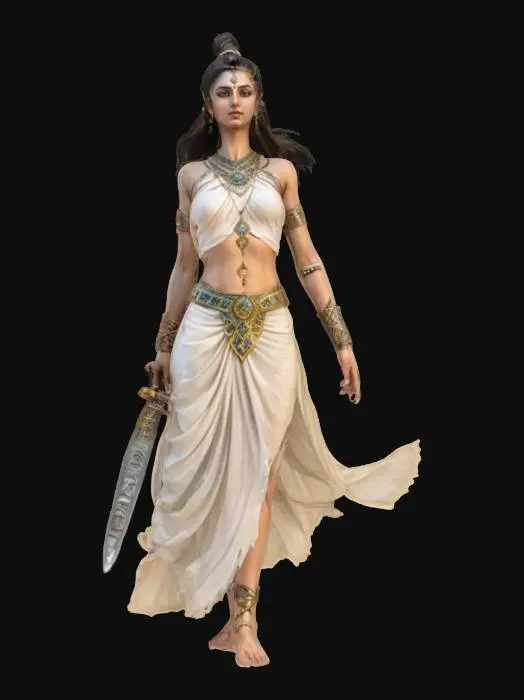 3D model for fantasy mythical female warrior Shiva, elegant graceful body, dressed in an elegant tunic, sword in hand, the figure radiates calm and peace, detailed beautiful face, groomed hair, extremely detailed, high resolution texture, epic stance, #AroundTheWorld#