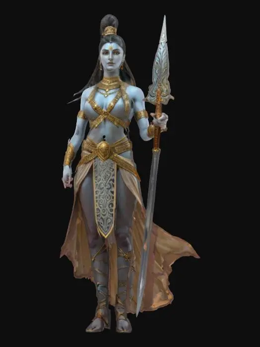 3D model for fantasy mythical female warrior Shiva, elegant graceful body, dressed in an elegant tunic, sword in hand, the figure radiates calm and peace, detailed beautiful face, groomed hair, extremely detailed, high resolution texture, epic stance, #AroundTheWorld#
