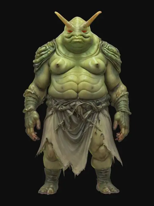 3D model for fantasy big humanoid slug, massive stocky body, slimy body surface, carapace armor on the back, dressed in a torn robe, detailed slug face with multiple eyes, extremely detailed, high resolution texture, epic stance