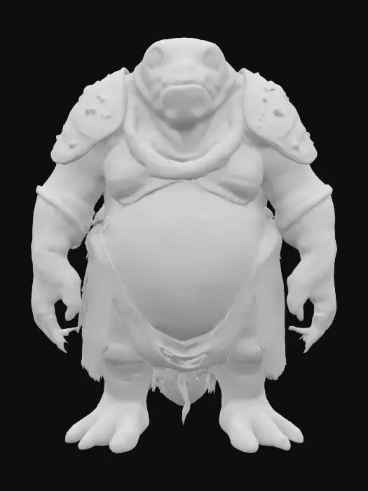 3D model for fantasy big humanoid slug, massive stocky body, slimy body surface, carapace armor on the back, dressed in a torn robe, detailed slug face with multiple eyes, extremely detailed, high resolution texture, epic stance