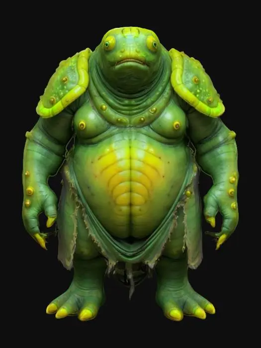 3D model for fantasy big humanoid slug, massive stocky body, slimy body surface, carapace armor on the back, dressed in a torn robe, detailed slug face with multiple eyes, extremely detailed, high resolution texture, epic stance