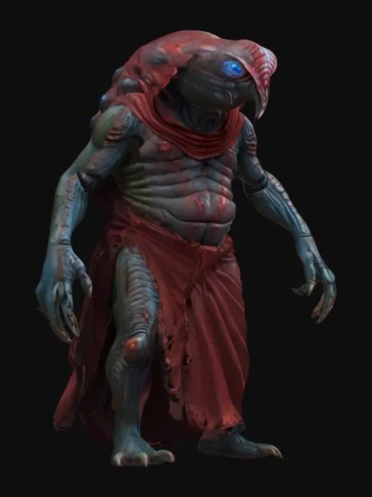 3D model for fantasy big humanoid slug, massive stocky body, slimy body surface, carapace armor on the back, dressed in a torn robe, detailed slug face with multiple eyes, extremely detailed, high resolution texture, epic stance