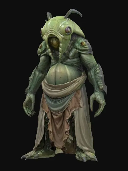 3D model for fantasy big humanoid slug, massive stocky body, slimy body surface, carapace armor on the back, dressed in a torn robe, detailed slug face with multiple eyes, extremely detailed, high resolution texture, epic stance