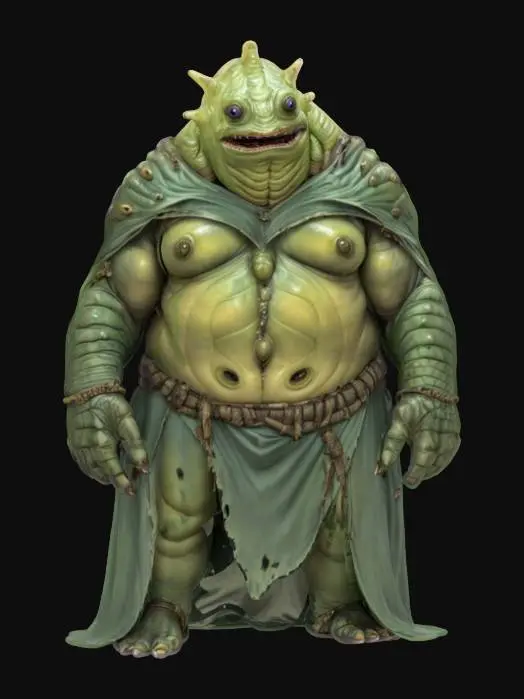 3D model for fantasy big humanoid slug, massive stocky body, slimy body surface, carapace armor on the back, dressed in a torn robe, detailed slug face with multiple eyes, extremely detailed, high resolution texture, epic stance