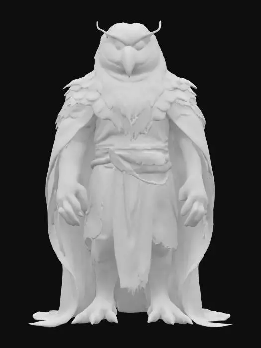 3D model for fantasy extreme humanoid owl, massive feathered figure, dressed in elegant robes, detailed terrifying face with bright eyes and a hooked beak, extremely detailed, high resolution texture, epic stance