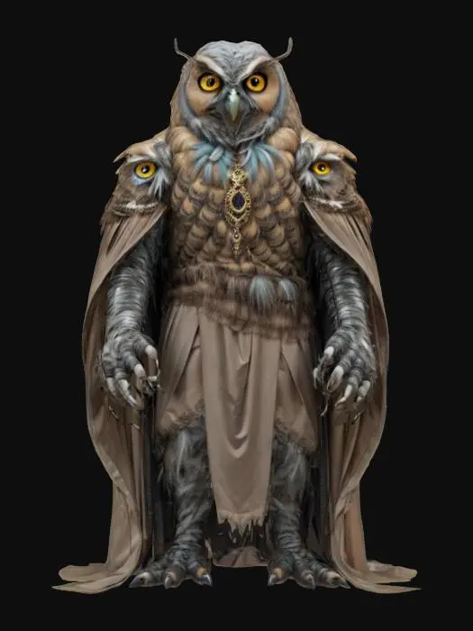 3D model for fantasy extreme humanoid owl, massive feathered figure, dressed in elegant robes, detailed terrifying face with bright eyes and a hooked beak, extremely detailed, high resolution texture, epic stance