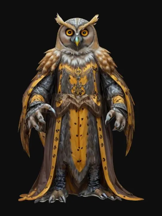 3D model for fantasy extreme humanoid owl, massive feathered figure, dressed in elegant robes, detailed terrifying face with bright eyes and a hooked beak, extremely detailed, high resolution texture, epic stance