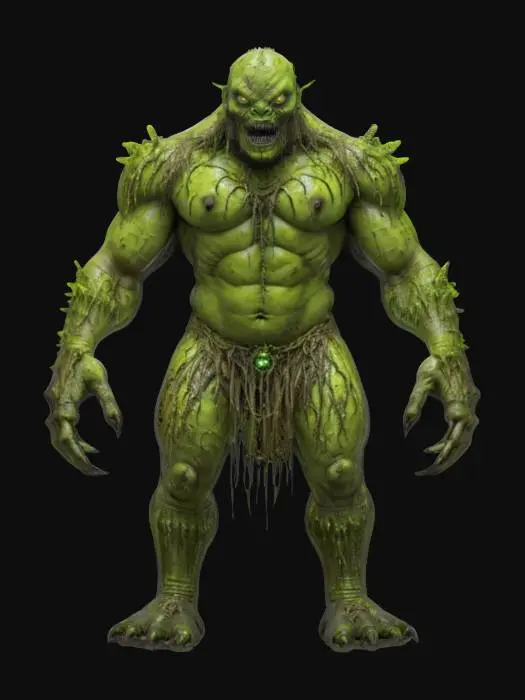 3D model for fantasy swamp monster, massive body covered in mud, long arms with long claws, moss and ferns growing all over the body, glowing bright demonic symbols, detailed scary face, extremely detailed, high resolution texture, epic stance