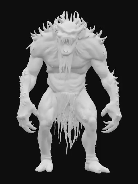 3D model for fantasy swamp monster, massive body covered in mud, long arms with long claws, moss and ferns growing all over the body, glowing bright demonic symbols, detailed scary face, extremely detailed, high resolution texture, epic stance