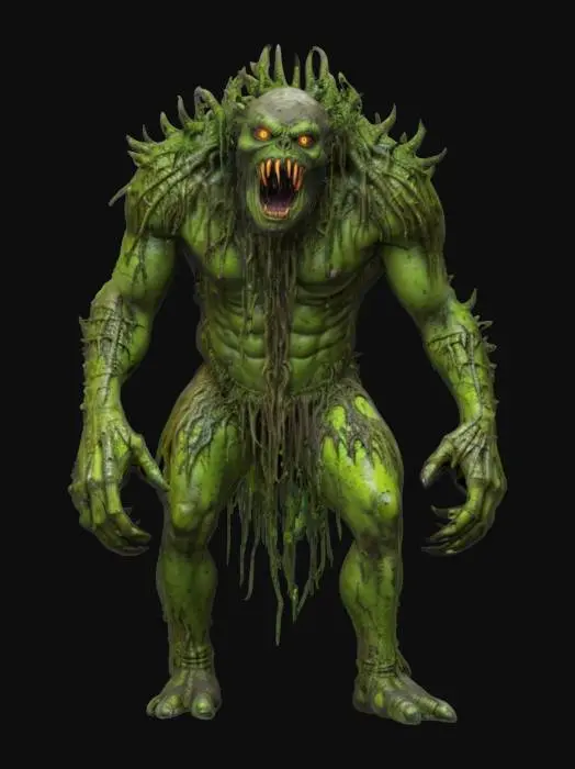 3D model for fantasy swamp monster, massive body covered in mud, long arms with long claws, moss and ferns growing all over the body, glowing bright demonic symbols, detailed scary face, extremely detailed, high resolution texture, epic stance
