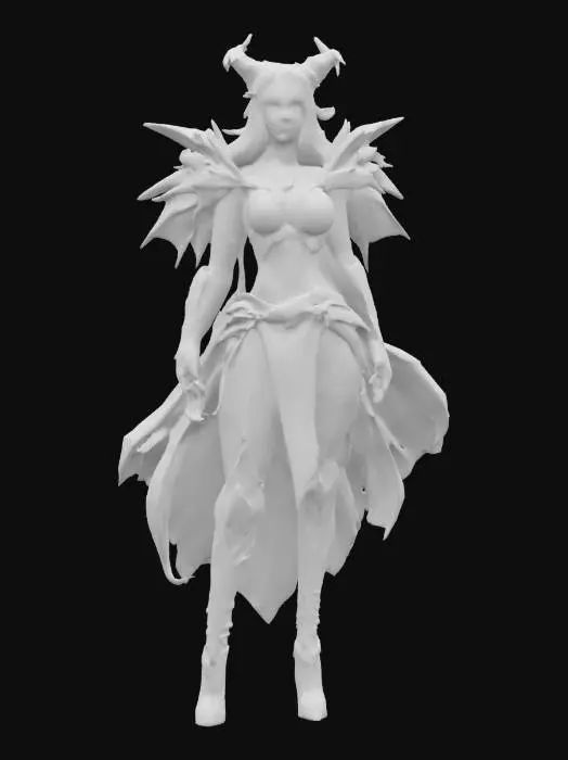 3D model for fantasy female demonic guardian, massive and elegant body, dressed in a torn robe, fiery symbols all over her body, detailed pretty face, extremely detailed, high resolution texture, epic stance