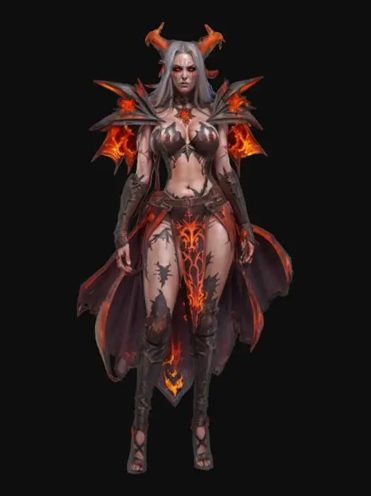 3D model for fantasy female demonic guardian, massive and elegant body, dressed in a torn robe, fiery symbols all over her body, detailed pretty face, extremely detailed, high resolution texture, epic stance