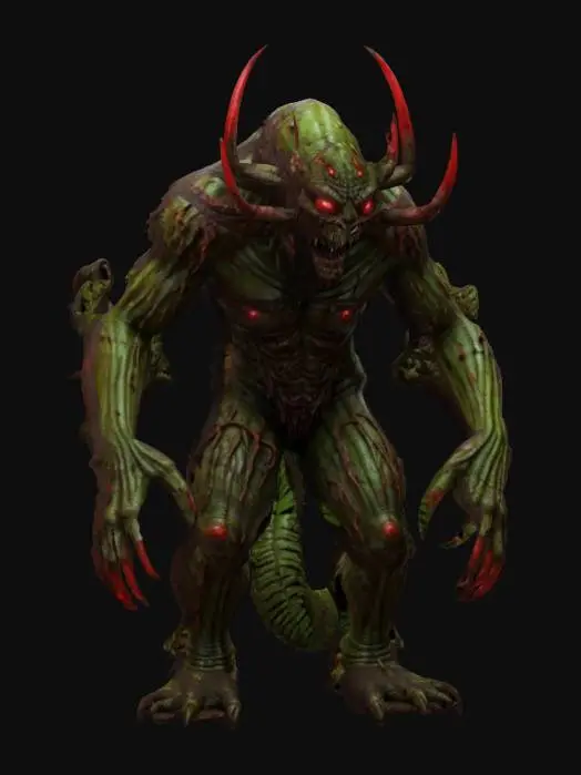 3D model for fantasy swamp monster, massive body covered in mud, long arms with long claws, moss and ferns growing all over the body, glowing bright demonic symbols, detailed scary face, extremely detailed, high resolution texture, epic stance