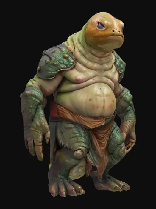3D model for fantasy big humanoid slug, massive stocky body, slimy body surface, carapace armor on the back, dressed in a torn robe, detailed slug face with multiple eyes, extremely detailed, high resolution texture, epic stance