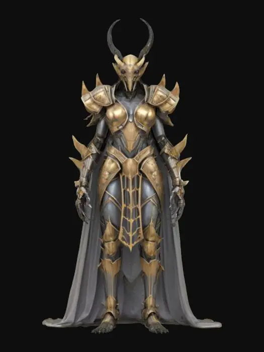 3D model for fantasy humanoid insect warrior, slim elegant shell body, partially dressed in metal armor and an elegant robe, detailed face with large terrifying mandibles, extremely detailed, high resolution texture, epic stance