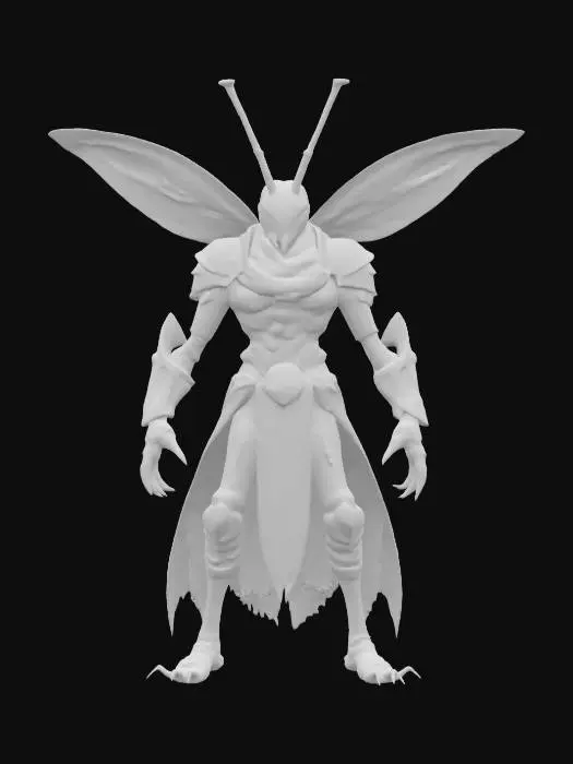 3D model for fantasy humanoid insect warrior, slim elegant shell body, partially dressed in metal armor and an elegant robe, detailed face with large terrifying mandibles, extremely detailed, high resolution texture, epic stance