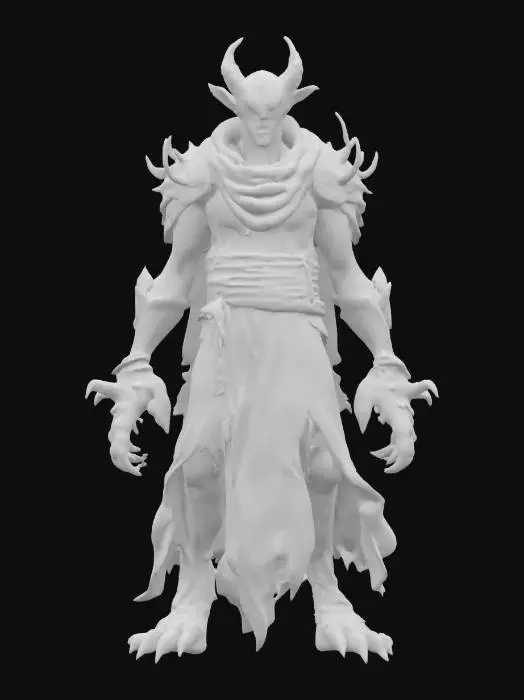 3D model for fantasy liquid creature guardian, shapeless body made of liquid gel, torn robe, sharp spikes all over the body, massive limbs ending in claws, terrifying face, extremely detailed, high resolution texture, epic stance
