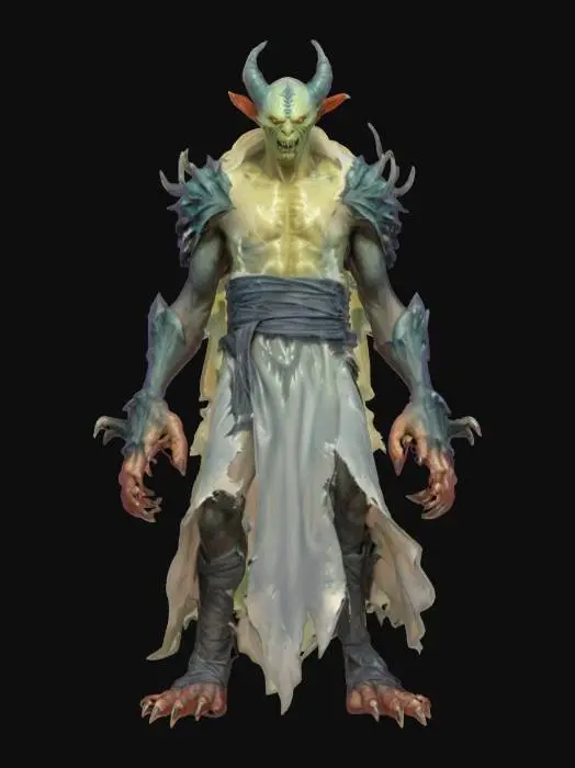 3D model for fantasy liquid creature guardian, shapeless body made of liquid gel, torn robe, sharp spikes all over the body, massive limbs ending in claws, terrifying face, extremely detailed, high resolution texture, epic stance