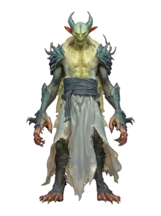 fantasy liquid creature guardian, shapeless body made of liquid gel, torn robe,… - Terrifying 3D model, vytvořený pomocí AI