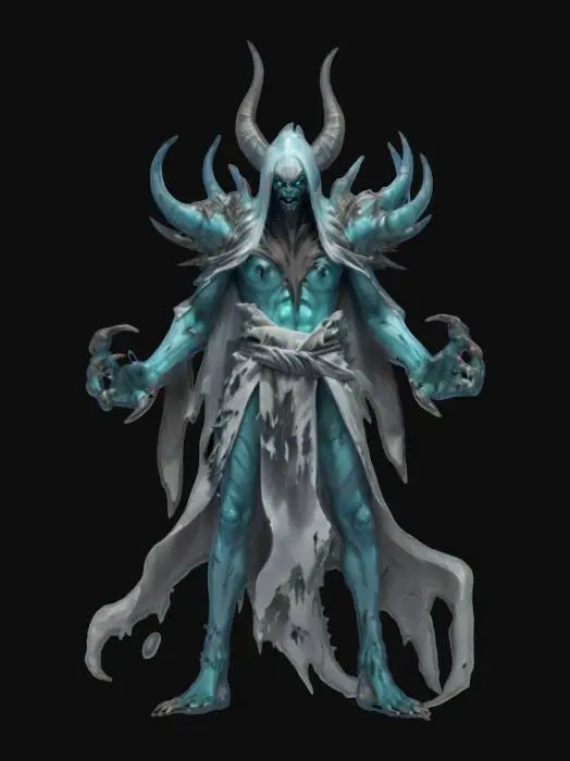 3D model for fantasy liquid creature guardian, shapeless body made of liquid gel, torn robe, sharp spikes all over the body, massive limbs ending in claws, terrifying face, extremely detailed, high resolution texture, epic stance