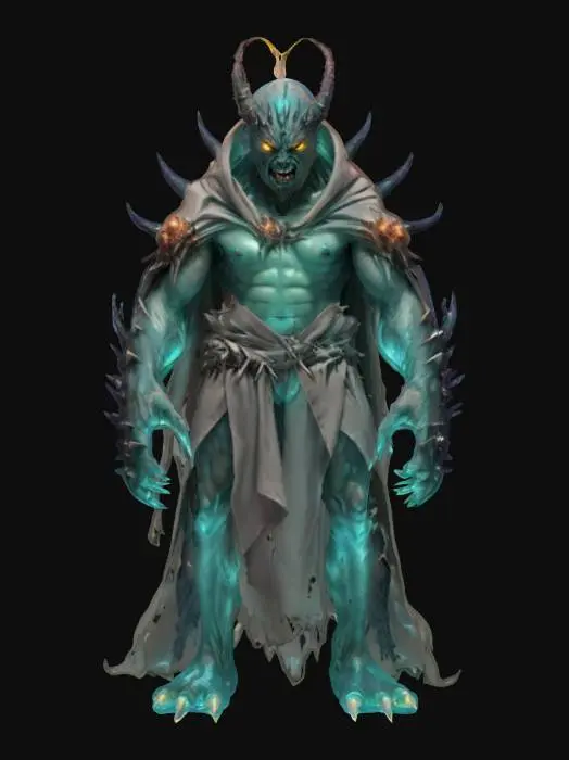 3D model for fantasy liquid creature guardian, shapeless body made of liquid gel, torn robe, sharp spikes all over the body, massive limbs ending in claws, terrifying face, extremely detailed, high resolution texture, epic stance