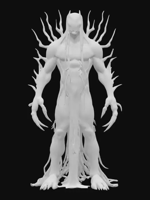 3D model for fantasy liquid creature guardian, shapeless body made of liquid gel, torn robe, sharp spikes all over the body, massive limbs ending in claws, terrifying face, extremely detailed, high resolution texture, epic stance