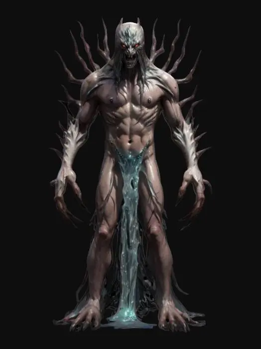 3D model for fantasy liquid creature guardian, shapeless body made of liquid gel, torn robe, sharp spikes all over the body, massive limbs ending in claws, terrifying face, extremely detailed, high resolution texture, epic stance