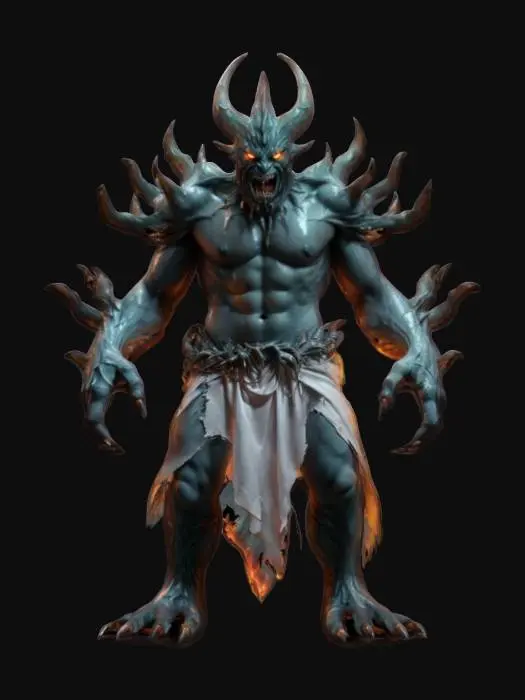 3D model for fantasy liquid creature guardian, shapeless body made of liquid gel, torn robe, sharp spikes all over the body, massive limbs ending in claws, terrifying face, extremely detailed, high resolution texture, epic stance