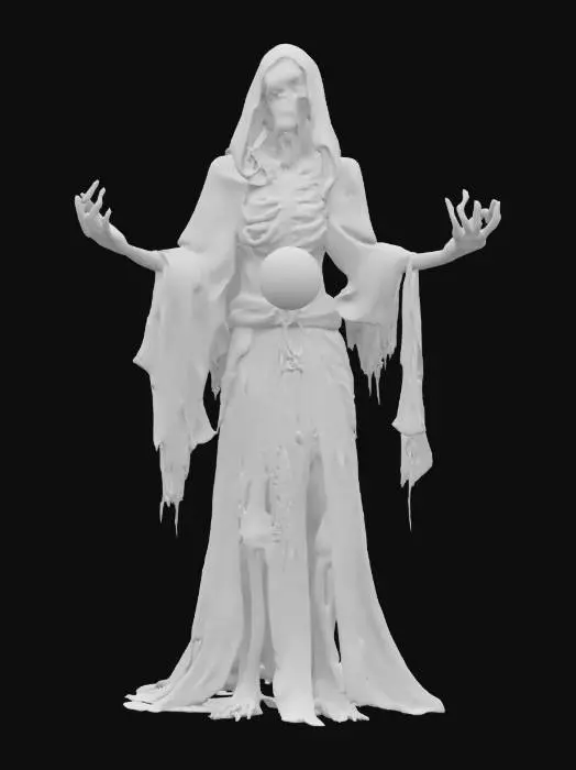 3D model for fantasy female lich, skeleton in tattered dark robes, green light glowing from her eyes, she is captured in a dynamic tense pose drawing magical energy, between outstretched bony hands, she holds a pulsating orb of blue-violet power, cloak is stiffly "billowing" as if caught in a magical vortex, she gives the impression of an ancient undead sorceress focused on a powerful ritual, extremely detailed, high resolution texture, epic stance