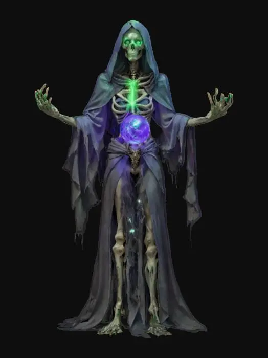 3D model for fantasy female lich, skeleton in tattered dark robes, green light glowing from her eyes, she is captured in a dynamic tense pose drawing magical energy, between outstretched bony hands, she holds a pulsating orb of blue-violet power, cloak is stiffly "billowing" as if caught in a magical vortex, she gives the impression of an ancient undead sorceress focused on a powerful ritual, extremely detailed, high resolution texture, epic stance