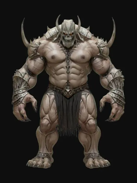 3D model for fantasy mysterious monstrous giant, stocky muscular body, armor made of bones on the body, detailed menacing face, extremely detailed high resolution texture, epic stance