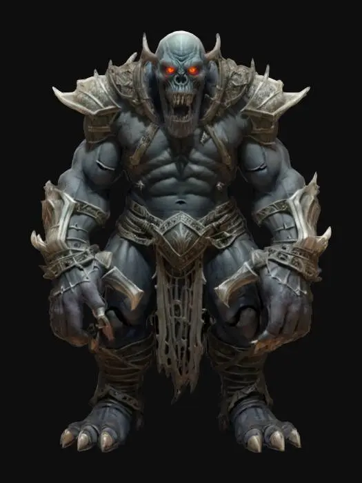 3D model for fantasy mysterious monstrous giant, stocky muscular body, armor made of bones on the body, detailed menacing face, extremely detailed high resolution texture, epic stance