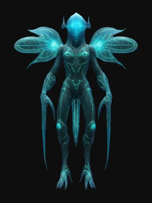 3D model for sci-fi fantasy bioluminescent morph guardian from another world, extremely detailed