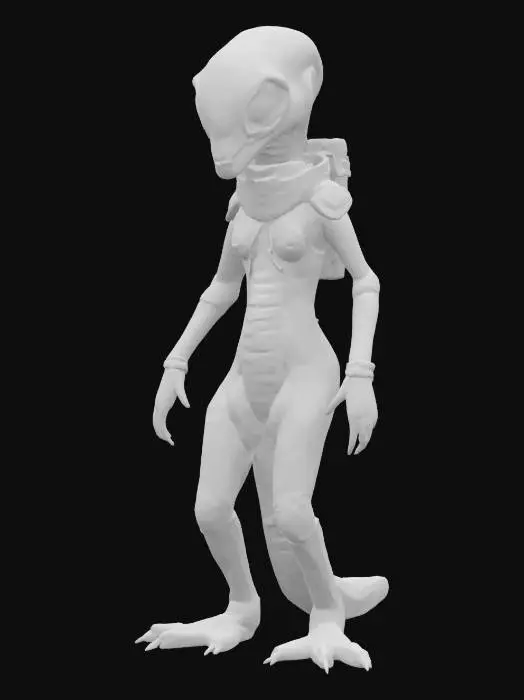 3D model for sci-fi intelligent humanoid worm creature from another planet, slim body, dressed in a decorated spacesuit, detailed face, extremely detailed, high sharp resolution texture, epic stance