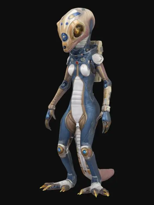3D model for sci-fi intelligent humanoid worm creature from another planet, slim body, dressed in a decorated spacesuit, detailed face, extremely detailed, high sharp resolution texture, epic stance
