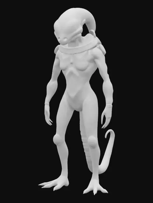 3D model for sci-fi intelligent humanoid worm creature from another planet, slim body, dressed in a decorated spacesuit, detailed face, extremely detailed, high sharp resolution texture, epic stance