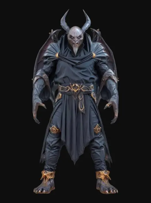 3D model for fantasy humanoid morph creature wizard with bat wings, elegant massive figure, hands transformed into bat wings with long claws, elegant dark clothing with distinctive symbols, detailed scary face, extremely detailed, high sharp texture, epic stance