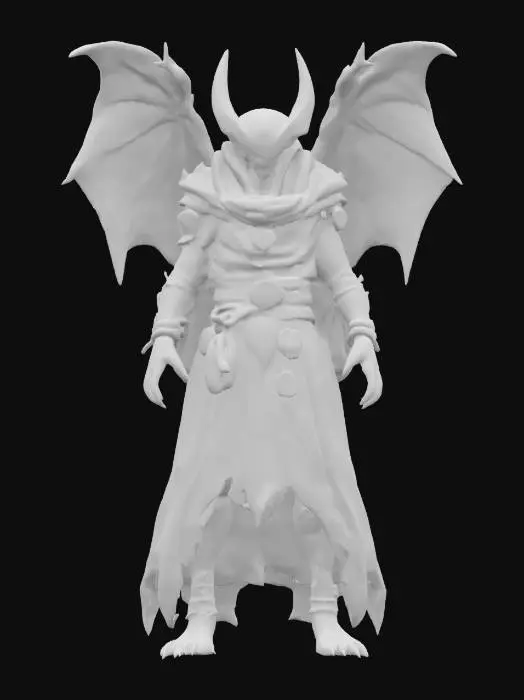 3D model for fantasy humanoid morph creature wizard with bat wings, elegant massive figure, hands transformed into bat wings with long claws, elegant dark clothing with distinctive symbols, detailed scary face, extremely detailed, high sharp texture, epic stance