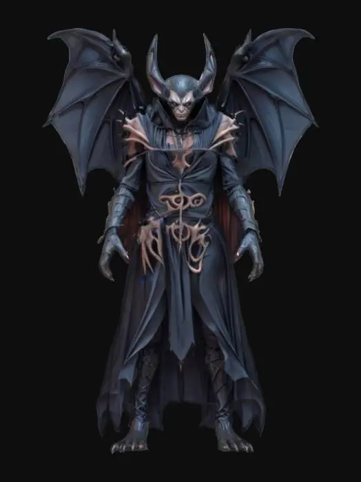 3D model for fantasy humanoid morph creature wizard with bat wings, elegant massive figure, hands transformed into bat wings with long claws, elegant dark clothing with distinctive symbols, detailed scary face, extremely detailed, high sharp texture, epic stance
