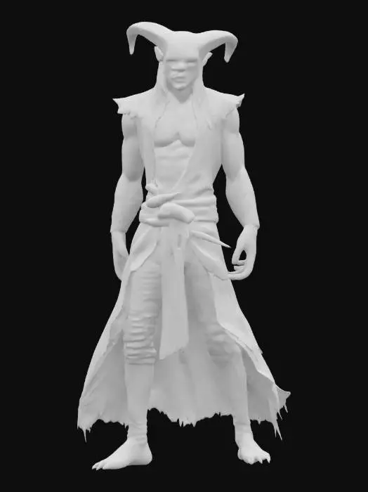 3D model for fantasy druid morphing into a demonic creature, the druid's dilapidated body turns into the muscular body of a demon, the druid is still wearing an elegant robe and the demon is only in torn rags, detailed terrifying changing face, midway change, extremely detailed, high sharp texture, epic stance