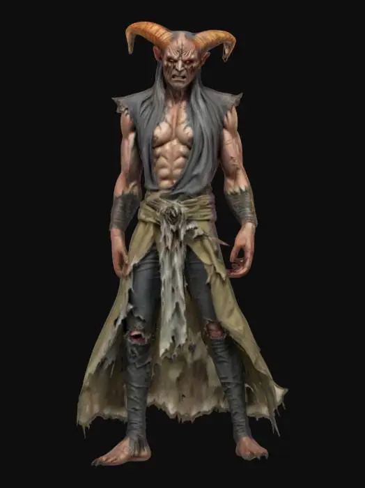 3D model for fantasy druid morphing into a demonic creature, the druid's dilapidated body turns into the muscular body of a demon, the druid is still wearing an elegant robe and the demon is only in torn rags, detailed terrifying changing face, midway change, extremely detailed, high sharp texture, epic stance