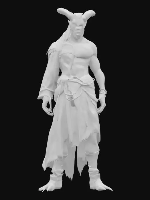 3D model for fantasy druid morphing into a demonic creature, the druid's dilapidated body turns into the muscular body of a demon, the druid is still wearing an elegant robe and the demon is only in torn rags, detailed terrifying changing face, extremely detailed, high sharp texture, epic stance