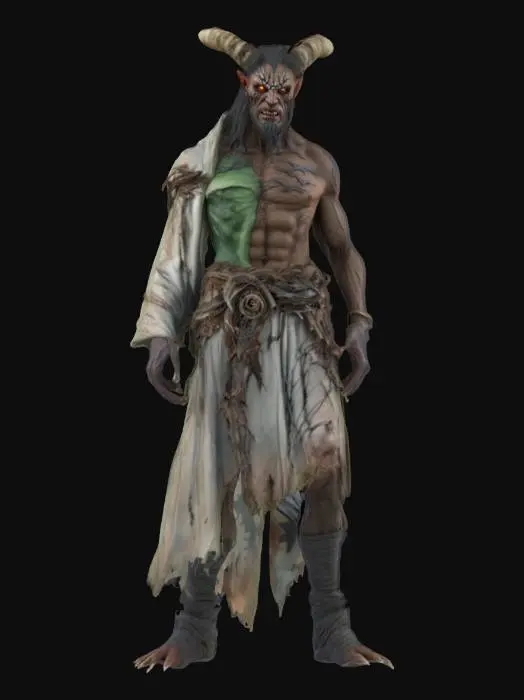 3D model for fantasy druid morphing into a demonic creature, the druid's dilapidated body turns into the muscular body of a demon, the druid is still wearing an elegant robe and the demon is only in torn rags, detailed terrifying changing face, extremely detailed, high sharp texture, epic stance