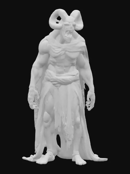 3D model for fantasy druid morphing into a demonic creature, the druid's dilapidated body turns into the muscular body of a demon, the druid is still wearing an elegant robe and the demon is only in torn rags, detailed terrifying changing face, extremely detailed, high sharp texture, epic stance