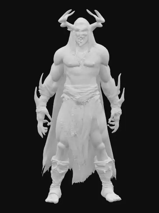 3D model for fantasy druid morphing into a demonic creature, the druid's dilapidated body turns into the muscular body of a demon, the druid is still wearing an elegant robe and the demon is only in torn rags, detailed terrifying changing face, extremely detailed, high sharp texture, epic stance