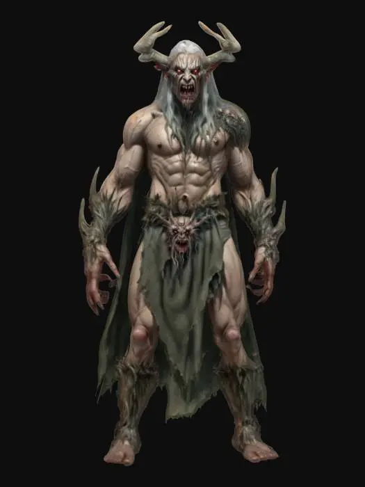 3D model for fantasy druid morphing into a demonic creature, the druid's dilapidated body turns into the muscular body of a demon, the druid is still wearing an elegant robe and the demon is only in torn rags, detailed terrifying changing face, extremely detailed, high sharp texture, epic stance