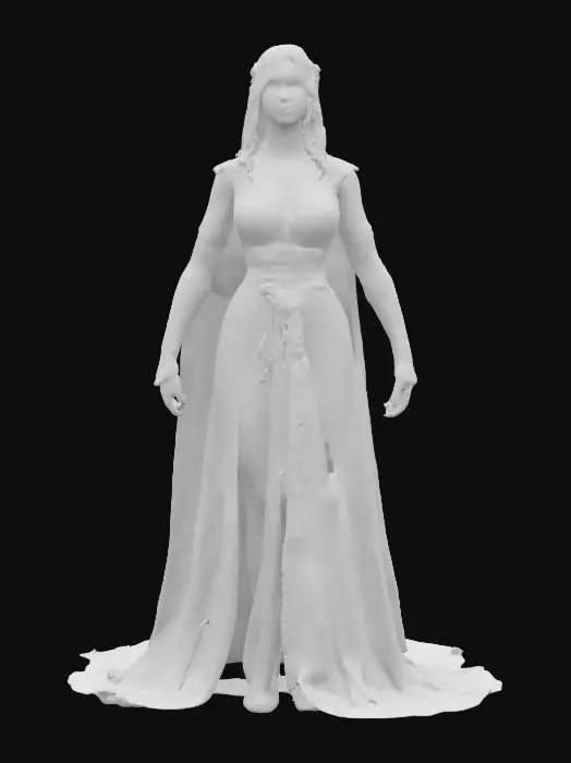3D model for mystical glowing figure standing in a hypnotic environment, body tall and elegant with soft light, luminous robe covers her entire body, mythical stance, detailed face where it is recognizable, extremely detailed, high sharp resolution texture