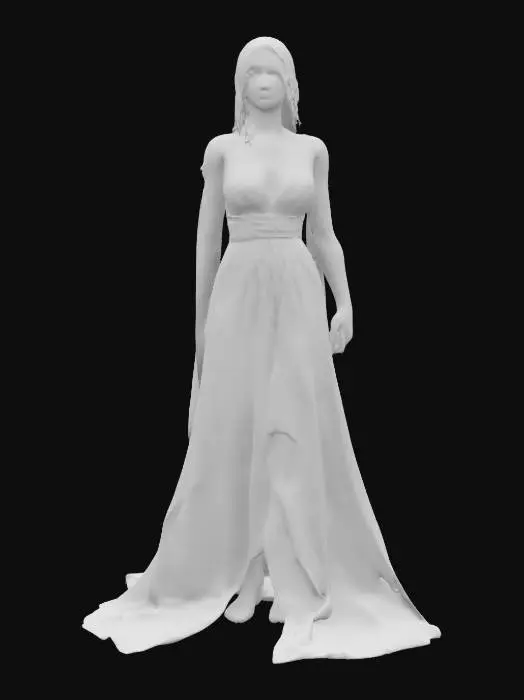 3D model for mystical glowing figure standing in a hypnotic environment, body tall and elegant with soft light, luminous robe covers her entire body, mythical stance, detailed face where it is recognizable, extremely detailed, high sharp resolution texture