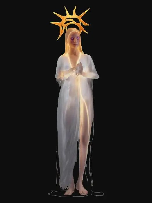3D model for mystical glowing figure standing in a hypnotic environment, body tall and elegant with soft light, luminous robe covers her entire body, mythical stance, detailed face where it is recognizable, extremely detailed, high sharp resolution texture
